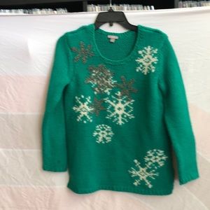 Ugly Christmas Sweater! Beaded silver snowflakes on green heavy knit sweater. S